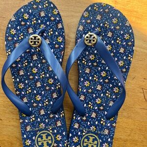 Tory Burch Blue Floral Logo Flip Flops with Gold Emblem